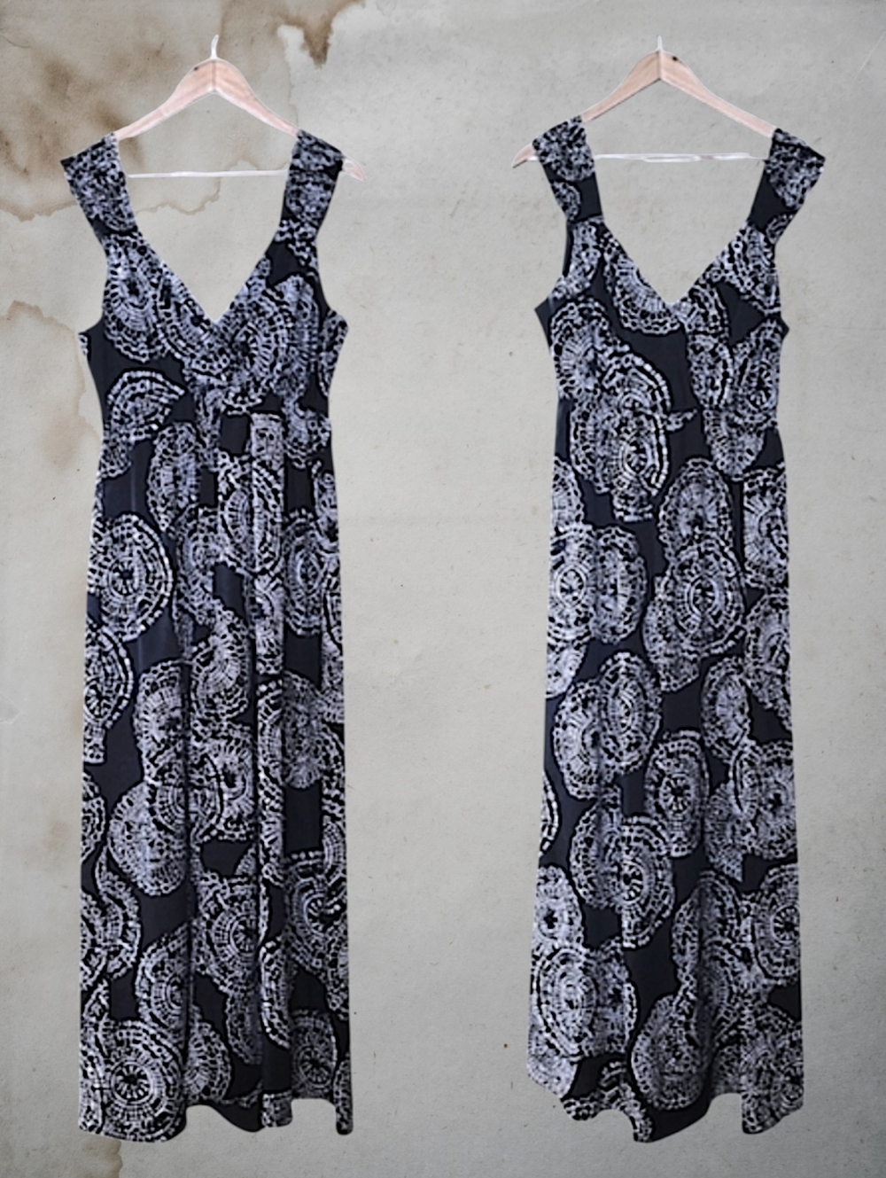 ATTENTION, GEOMETRIC MEDALLION, EMPIRE WAUST BLACK WHITE MAXI DRESS SIZE XL NEW